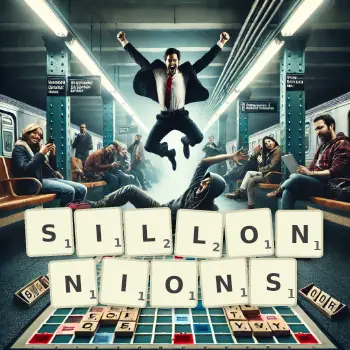 Illustration créative d'un jeu de lettres avec le mot SILLONNIONS épelé sur le plateau.