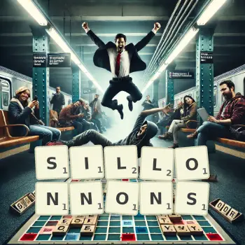 Illustration créative d'un jeu de lettres avec le mot SILLONNONS épelé sur le plateau.