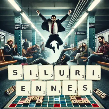 Illustration créative d'un jeu de lettres avec le mot SILURIENNES épelé sur le plateau.