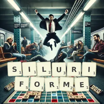 Illustration créative d'un jeu de lettres avec le mot SILURIFORME épelé sur le plateau.