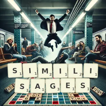 Illustration créative d'un jeu de lettres avec le mot SIMILISAGES épelé sur le plateau.