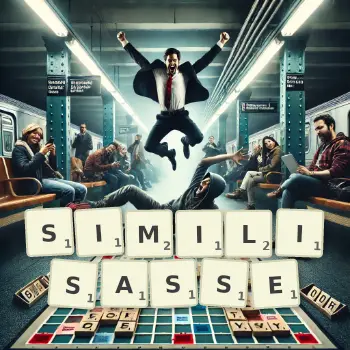 Illustration créative d'un jeu de lettres avec le mot SIMILISASSE épelé sur le plateau.