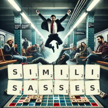 Illustration créative d'un jeu de lettres avec le mot SIMILISASSES épelé sur le plateau.