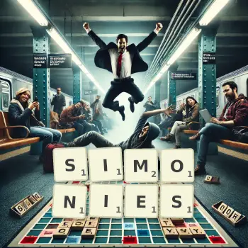 Illustration créative d'un jeu de lettres avec le mot SIMONIES épelé sur le plateau.