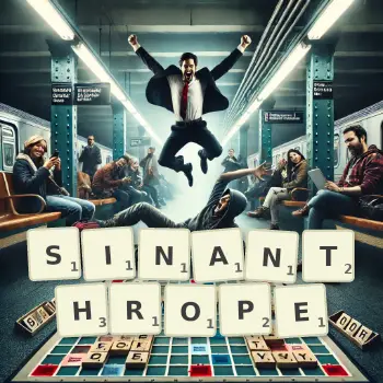 Illustration créative d'un jeu de lettres avec le mot SINANTHROPE épelé sur le plateau.