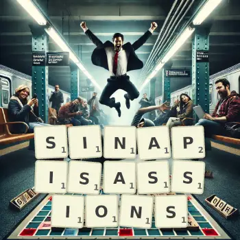 Illustration créative d'un jeu de lettres avec le mot SINAPISASSIONS épelé sur le plateau.
