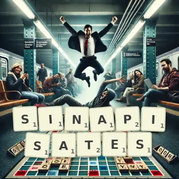 Illustration créative d'un jeu de lettres avec le mot SINAPISATES épelé sur le plateau.