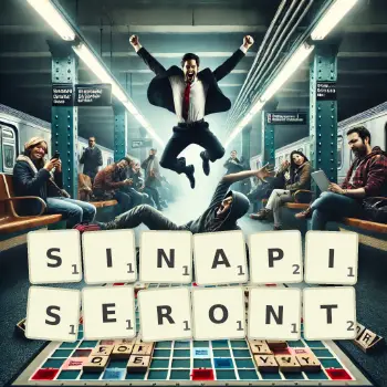 Illustration créative d'un jeu de lettres avec le mot SINAPISERONT épelé sur le plateau.