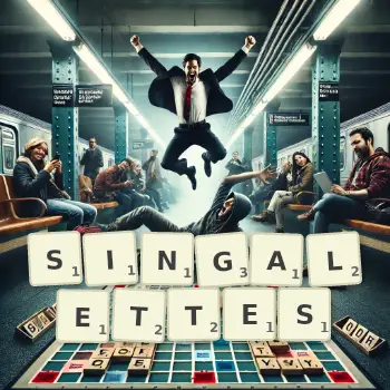 Illustration créative d'un jeu de lettres avec le mot SINGALETTES épelé sur le plateau.