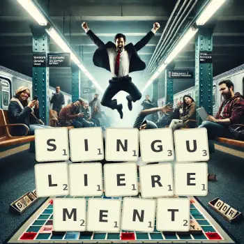 Illustration créative d'un jeu de lettres avec le mot SINGULIEREMENT épelé sur le plateau.