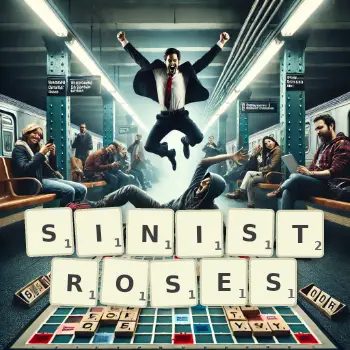 Illustration créative d'un jeu de lettres avec le mot SINISTROSES épelé sur le plateau.