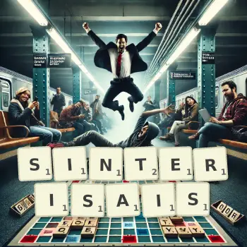 Illustration créative d'un jeu de lettres avec le mot SINTERISAIS épelé sur le plateau.