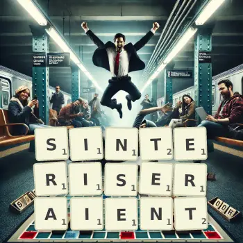 Illustration créative d'un jeu de lettres avec le mot SINTERISERAIENT épelé sur le plateau.