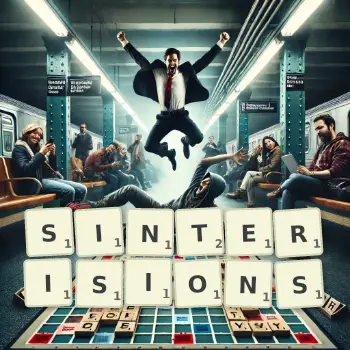 Illustration créative d'un jeu de lettres avec le mot SINTERISIONS épelé sur le plateau.