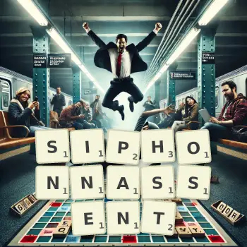Illustration créative d'un jeu de lettres avec le mot SIPHONNASSENT épelé sur le plateau.