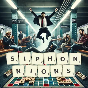 Illustration créative d'un jeu de lettres avec le mot SIPHONNIONS épelé sur le plateau.