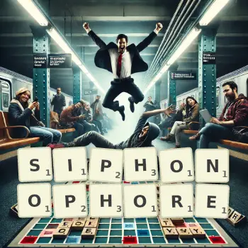 Illustration créative d'un jeu de lettres avec le mot SIPHONOPHORE épelé sur le plateau.