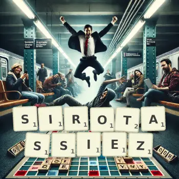 Illustration créative d'un jeu de lettres avec le mot SIROTASSIEZ épelé sur le plateau.