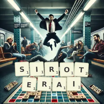 Illustration créative d'un jeu de lettres avec le mot SIROTERAI épelé sur le plateau.