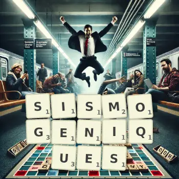 Illustration créative d'un jeu de lettres avec le mot SISMOGENIQUES épelé sur le plateau.