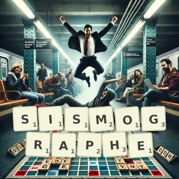 Illustration créative d'un jeu de lettres avec le mot SISMOGRAPHE épelé sur le plateau.