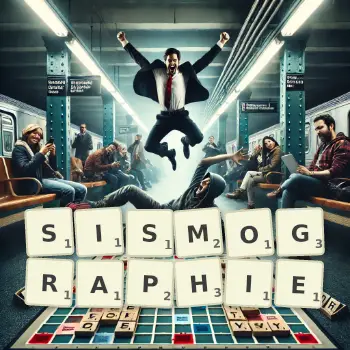 Illustration créative d'un jeu de lettres avec le mot SISMOGRAPHIE épelé sur le plateau.