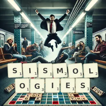 Illustration créative d'un jeu de lettres avec le mot SISMOLOGIES épelé sur le plateau.