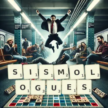 Illustration créative d'un jeu de lettres avec le mot SISMOLOGUES épelé sur le plateau.