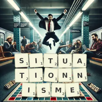 Illustration créative d'un jeu de lettres avec le mot SITUATIONNISME épelé sur le plateau.