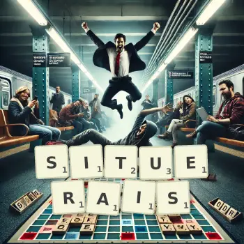 Illustration créative d'un jeu de lettres avec le mot SITUERAIS épelé sur le plateau.