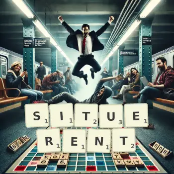 Illustration créative d'un jeu de lettres avec le mot SITUERENT épelé sur le plateau.