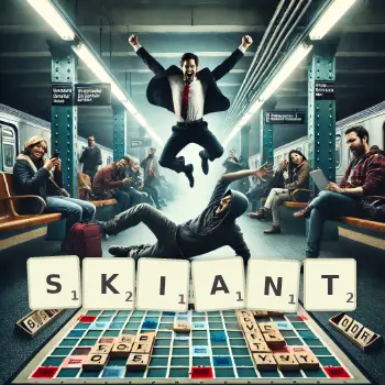 Illustration créative d'un jeu de lettres avec le mot SKIANT épelé sur le plateau.