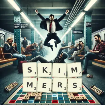 Illustration créative d'un jeu de lettres avec le mot SKIMMERS épelé sur le plateau.