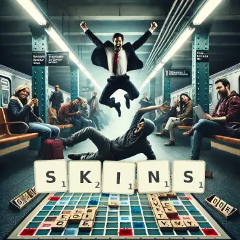 Illustration créative d'un jeu de lettres avec le mot SKINS épelé sur le plateau.