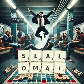 Illustration créative d'un jeu de lettres avec le mot SLALOMAI épelé sur le plateau.