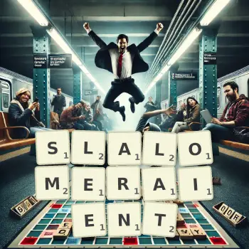 Illustration créative d'un jeu de lettres avec le mot SLALOMERAIENT épelé sur le plateau.