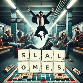 Illustration créative d'un jeu de lettres avec le mot SLALOMES épelé sur le plateau.