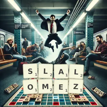 Illustration créative d'un jeu de lettres avec le mot SLALOMEZ épelé sur le plateau.