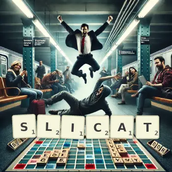 Illustration créative d'un jeu de lettres avec le mot SLICAT épelé sur le plateau.