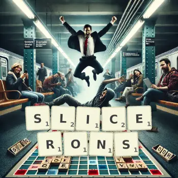 Illustration créative d'un jeu de lettres avec le mot SLICERONS épelé sur le plateau.