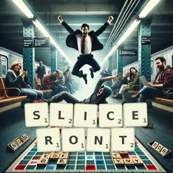 Illustration créative d'un jeu de lettres avec le mot SLICERONT épelé sur le plateau.