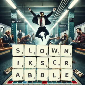Illustration créative d'un jeu de lettres avec le mot SLOWNIKSCRABBLE épelé sur le plateau.