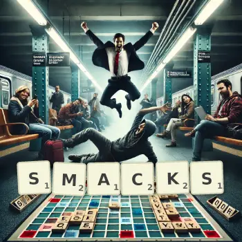 Illustration créative d'un jeu de lettres avec le mot SMACKS épelé sur le plateau.