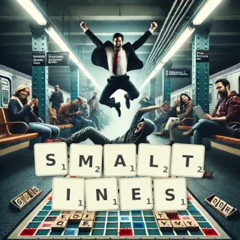 Illustration créative d'un jeu de lettres avec le mot SMALTINES épelé sur le plateau.