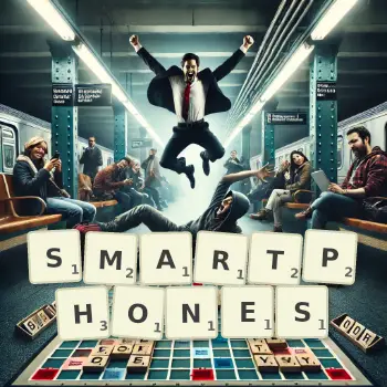 Illustration créative d'un jeu de lettres avec le mot SMARTPHONES épelé sur le plateau.