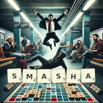 Illustration créative d'un jeu de lettres avec le mot SMASHA épelé sur le plateau.