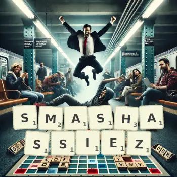 Illustration créative d'un jeu de lettres avec le mot SMASHASSIEZ épelé sur le plateau.