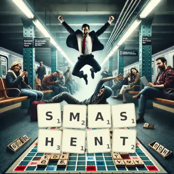 Illustration créative d'un jeu de lettres avec le mot SMASHENT épelé sur le plateau.