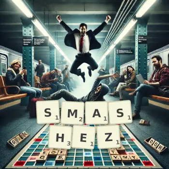 Illustration créative d'un jeu de lettres avec le mot SMASHEZ épelé sur le plateau.