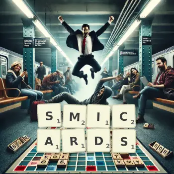 Illustration créative d'un jeu de lettres avec le mot SMICARDS épelé sur le plateau.